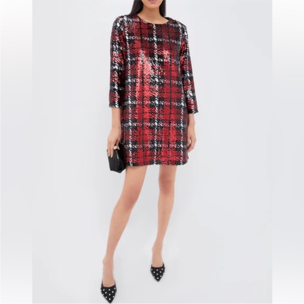 Tuckernuck Red and Black Long Sleeve Sequin Tartan Plaid Dress